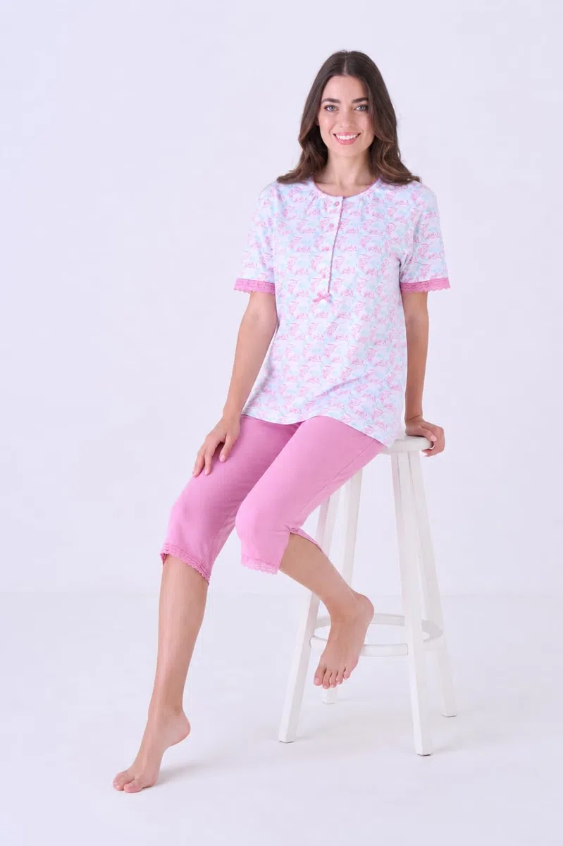 Pigiama Donna Cotone Corto Leggero Estivo - Pigiama Due Pezzi – Mezza Manica e Pantaloncini o Pescatore in 100% Fresco Cotone –