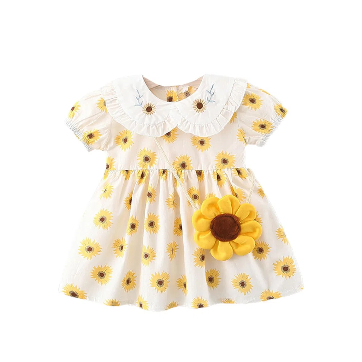 Abito Estivo da Principessa con Girasoli per Bambina, Abito a Trapezio con Maniche Corte, Bottoni e Stampa Floreale con Colletto a Barchetta + Borsa con Girasoli per 6 Mesi ai 5 Anni, Giallo
