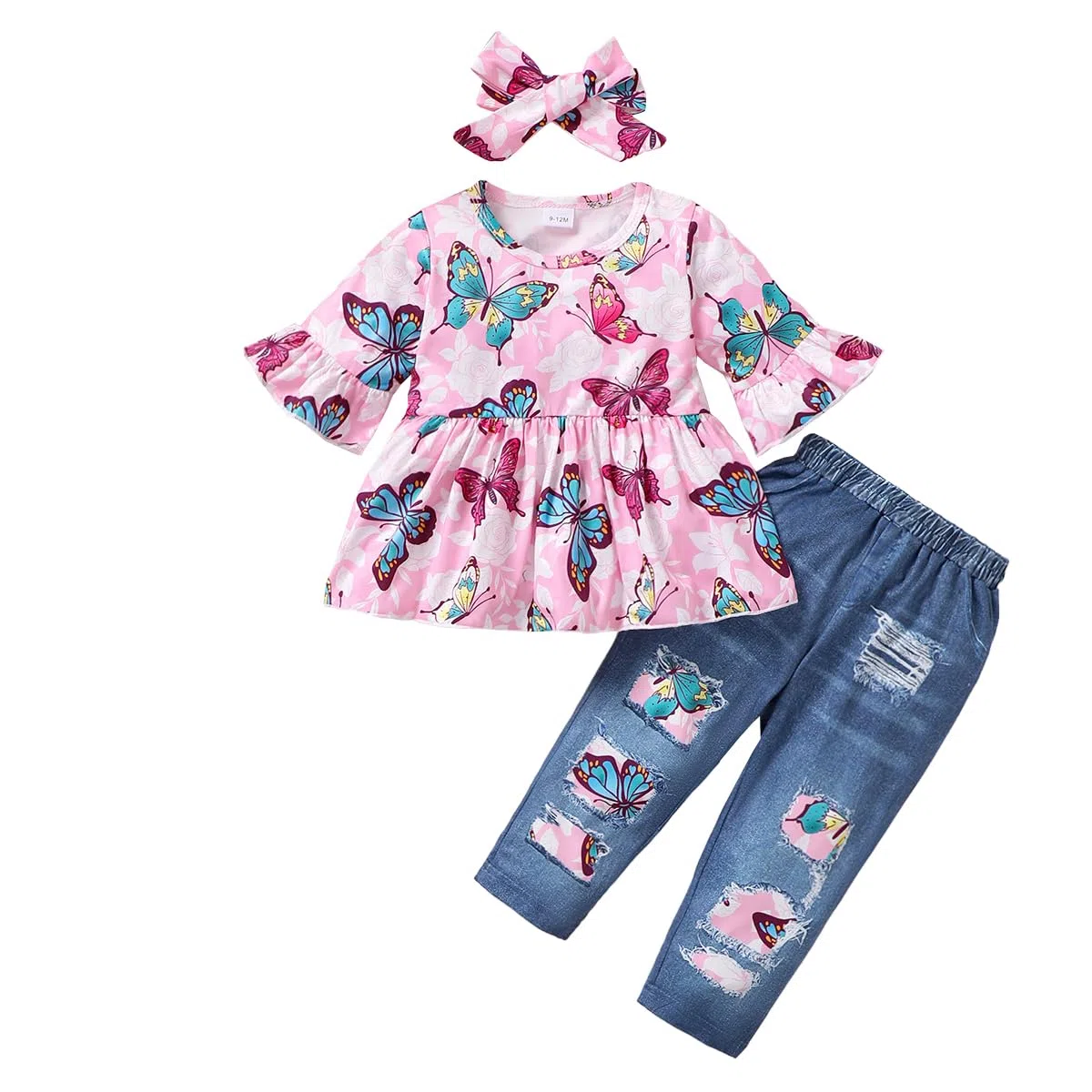 Completo per Bambina Manica a Balza a Righe/Floreale Maglietta + Pantaloni con Volant Autunno e Primavera Carino Vestiti Set per Neonati