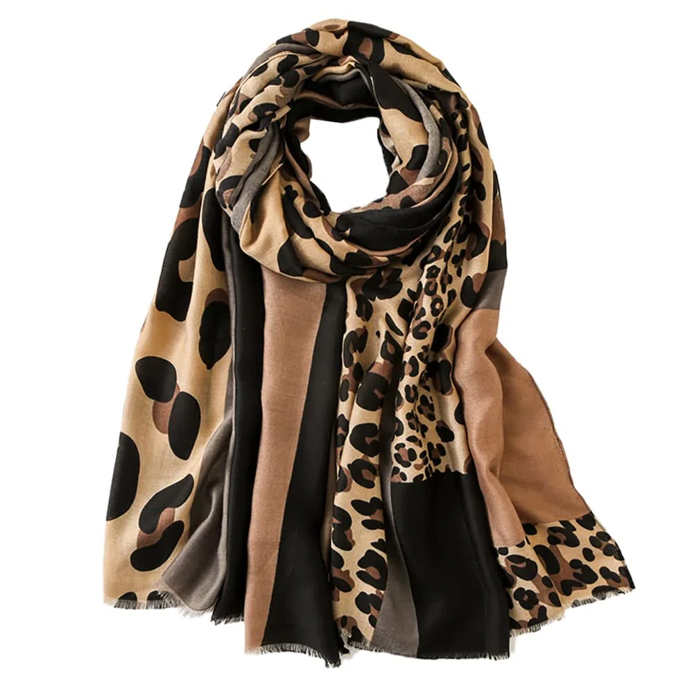 Sciarpa Leopardata Donna Con Nappe Morbide Alla Moda, Sciall e Accessori Maculati
