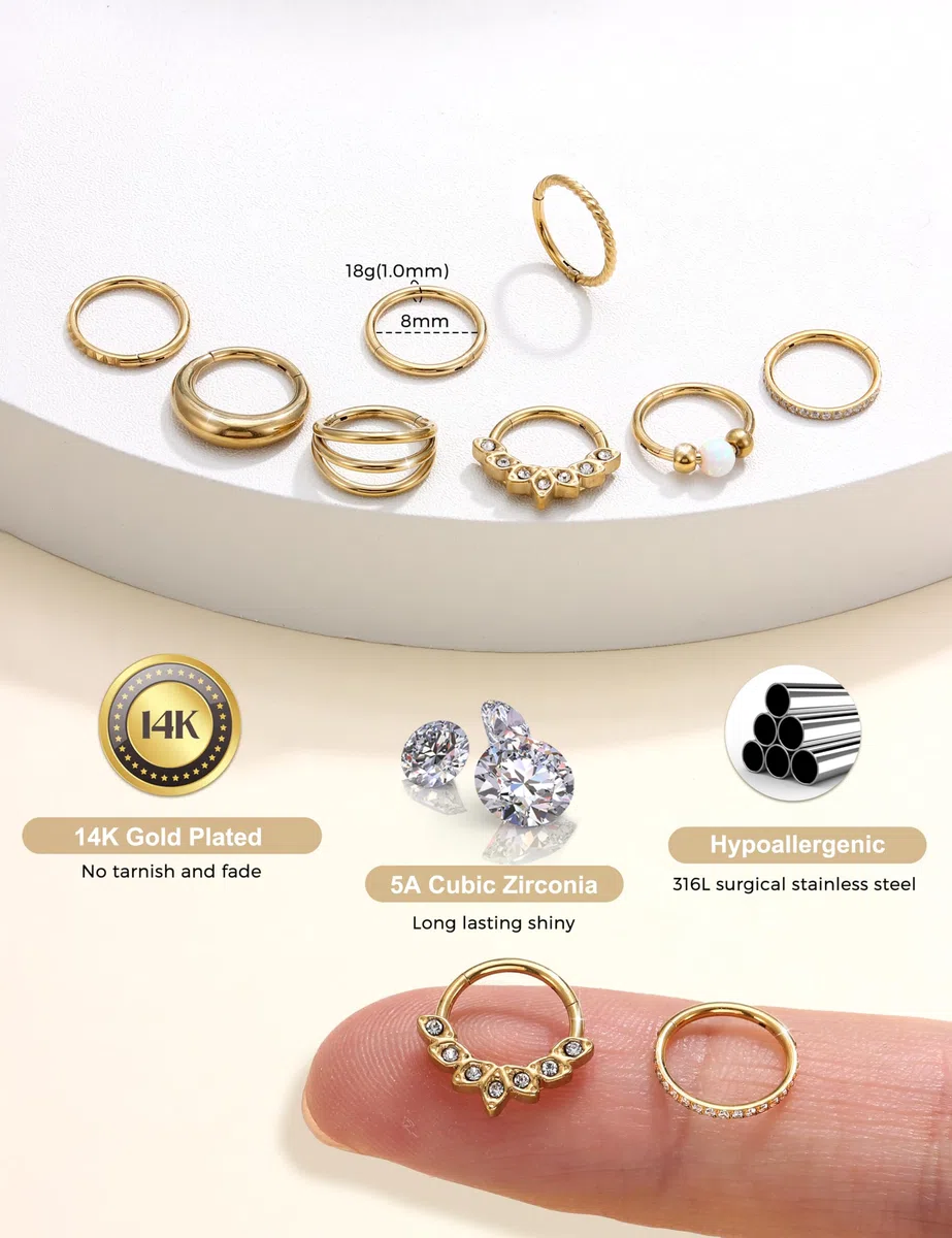 ADRAMATA 8Pcs Piercing Naso Acciaio Chirurgico Septum Piercing Labbro Anallergici Brillantino Orecchini Naso Cerchio Piccolo Conch Trago Piercings Helix Piercings Orecchio Oro Argento
