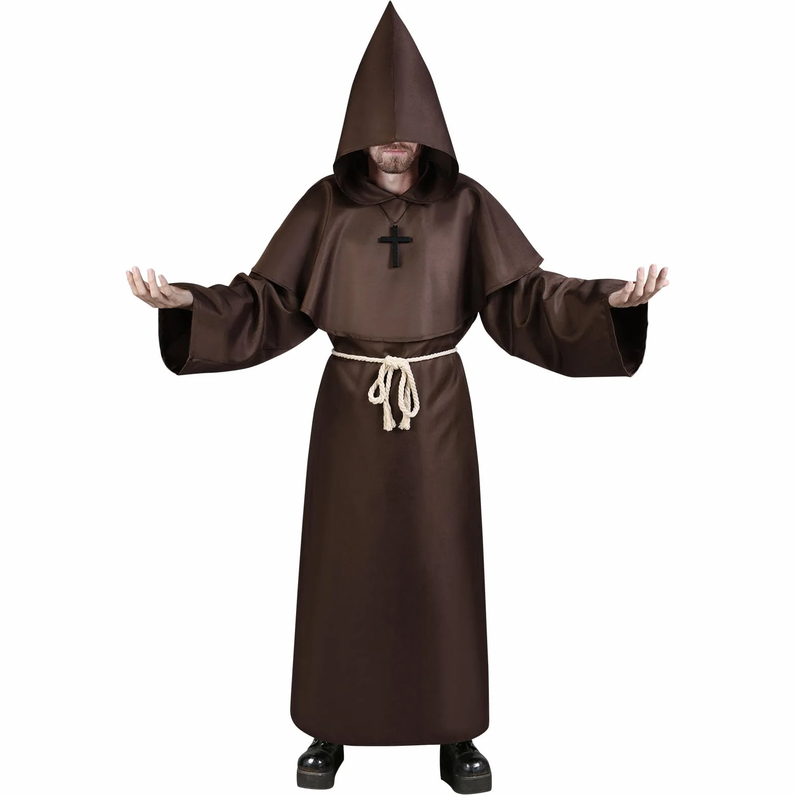 Aomig Costume da Monaco, Monaco Sacerdote Accappatoio Frate Medieval Rinascimentale, Cosplay Costume Robe Adulto Mantello, Abito da Mago Costume da Prete con Collana a Croce per Halloween Carnevale