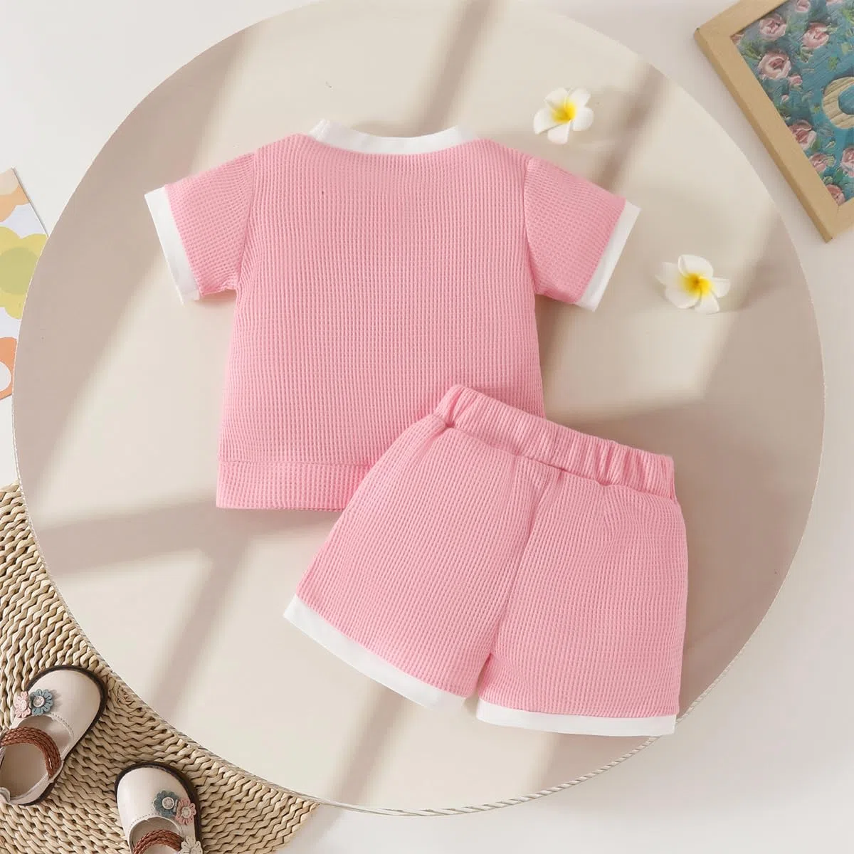 Vestiti Estivi per Bambina 3D Flower Maniche Corte Maglietta Top e Pantaloncini 2 Pezzi Set Cute Waffle Abiti per Bimba