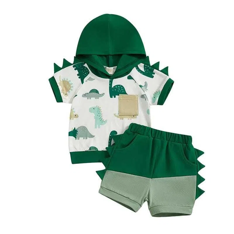 Set di Vestiti per Neonati con Cappuccio Dinosauro Squalo Maniche Corte Top a Contrasto e Pantaloncini