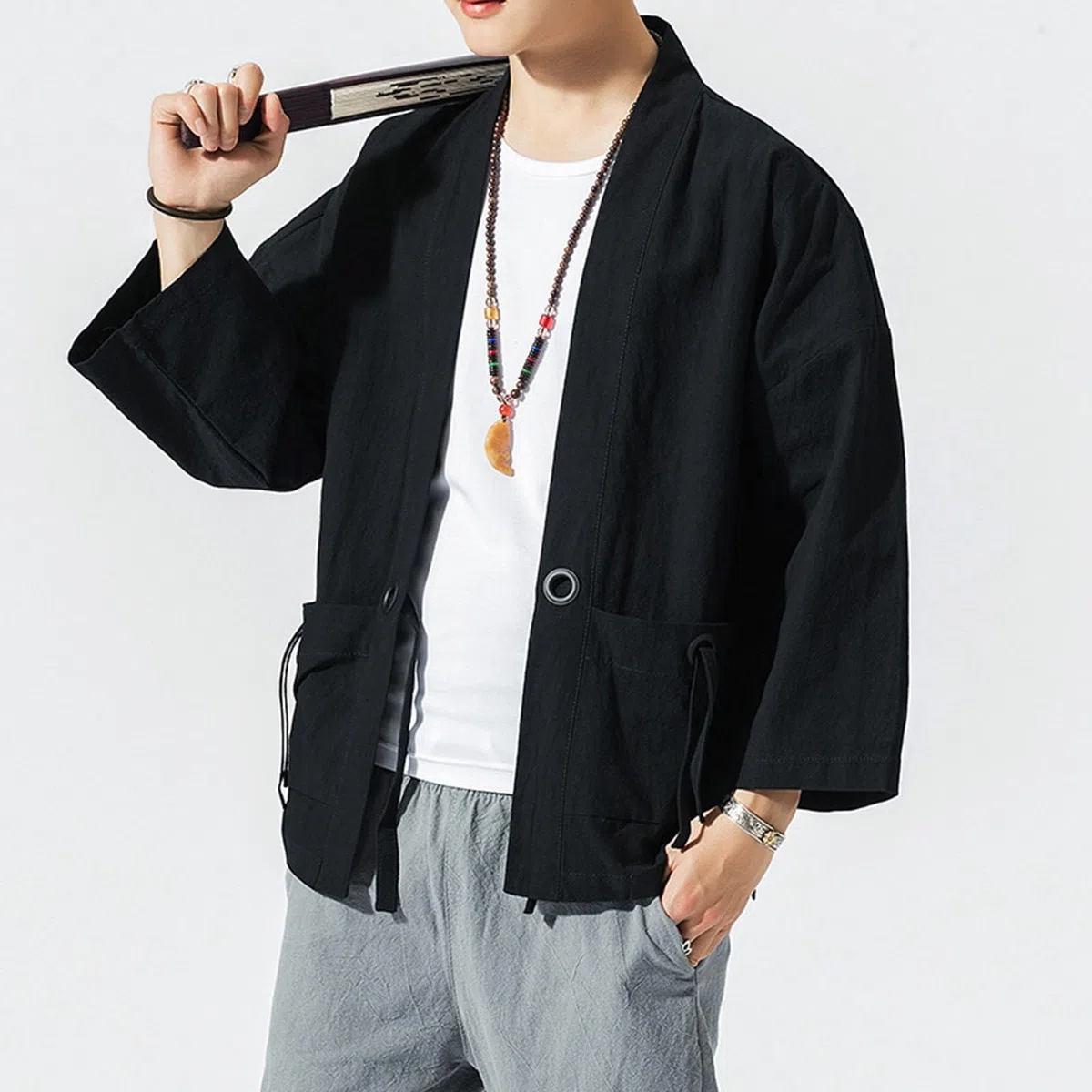 Generico Kimono cardigan giacca da uomo stile giapponese gru volante sette maniche cappotto aperto davanti