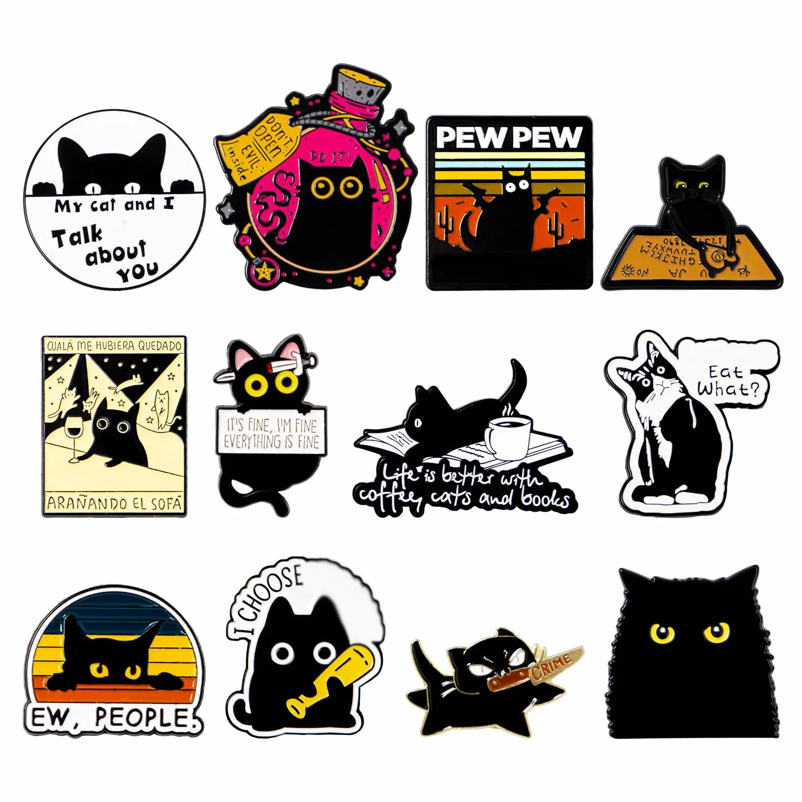 12 Pezzi Spille Smaltate a Forma di Gatto Nero Spilla Decorative Creative Spilla in Metallo Smaltato Gatto Nero Smalto Pins Spille di Cartoni Animati per Vestiti, Borse, Artigianato Fai Da Te