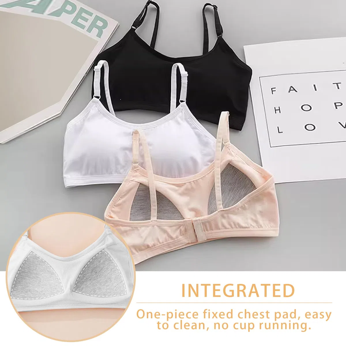 FUIPVGI 3 Pezzi Reggiseno da Allenamento Senza Cuciture per Ragazze, Adolescenti Bambine Sportivo Intimo con Fisso Torace Pastiglie e Spallacci Regolabili per Bambine 10-16 Anni