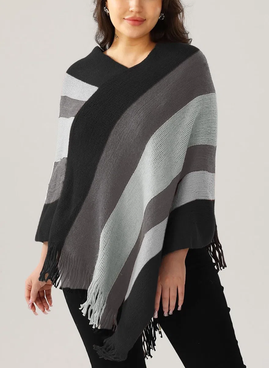Rayson Poncho Donna Invernale Maglia Caldo Elegante con Frange Righe Scialle Mantella Donna Grande Cappotto Mantello senza Maniche