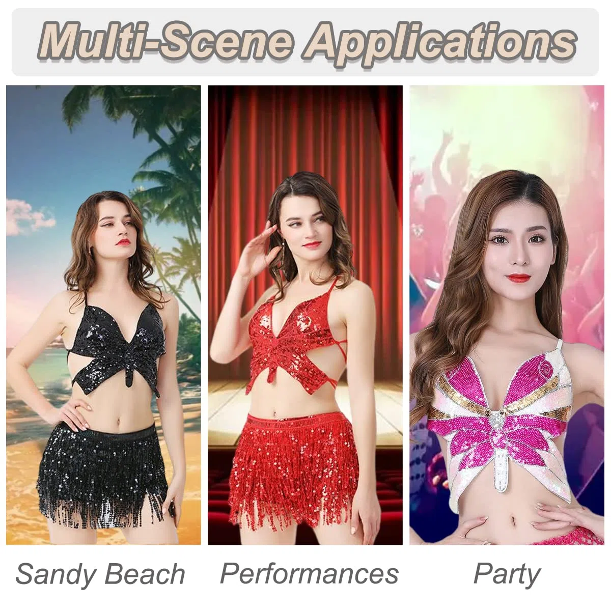 Top per le donne per le donne, canotta di bandage con sequenza di paillettes alla farfalla, costume da abbinamento senza marcia senza maniche per la danza della pancia, Dance latina, Club delle feste