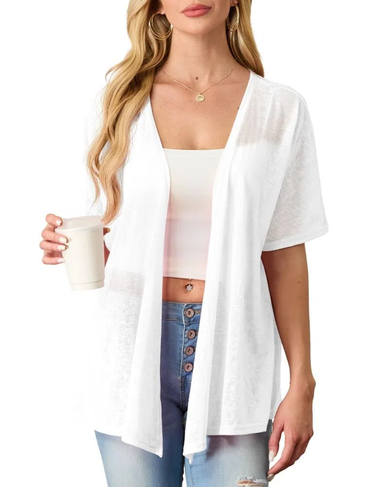PrinStory Cardigan estivo da donna a maniche corte, a maniche lunghe, con orlo alto basso