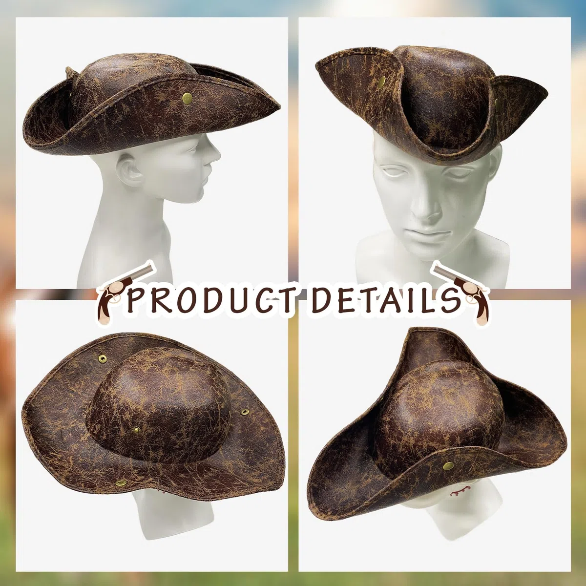 EUPSIIU 1 cappello da pirata, cappello tricorno, accessorio per costume da capitano di Halloween, cappello medievale antico stile coloniale, per feste a tema, Halloween, cosplay, accessori cosmetici