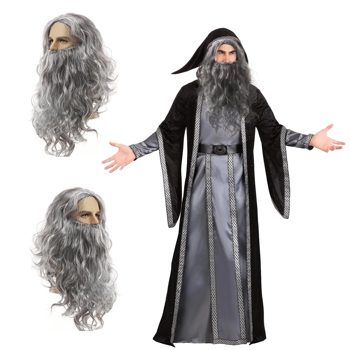 Parrucca da stregone grigia e barba lunga per Halloween e Carnaval parrucca maga grigio scuro set barba maghi