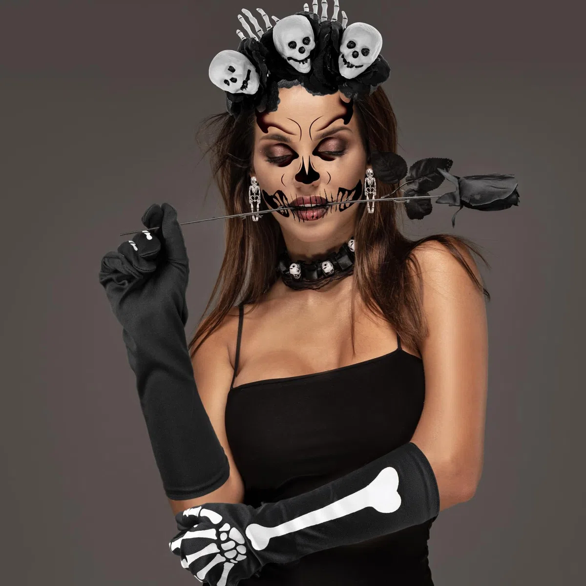 HOWAF Costumi Halloween Donna, Cerchietto Giorno dei Morti, Tatuaggi Viso, Guanti da Scheletro, Orecchini per Dia De Los Muertos