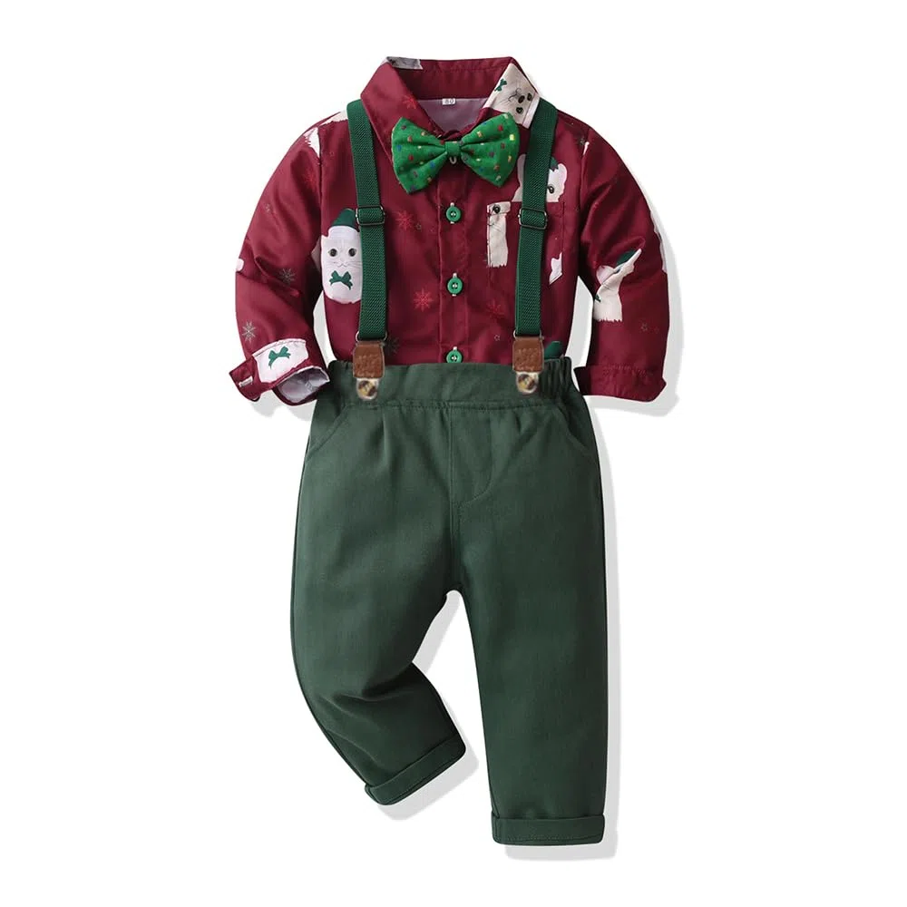 Set Bambino Ragazzo Camicia di Natale Costume da Gentiluomo Abbigliamento Bambini Camicia a Maniche Lunghe e Pantaloni con Spalline Fiocco a Farfalla