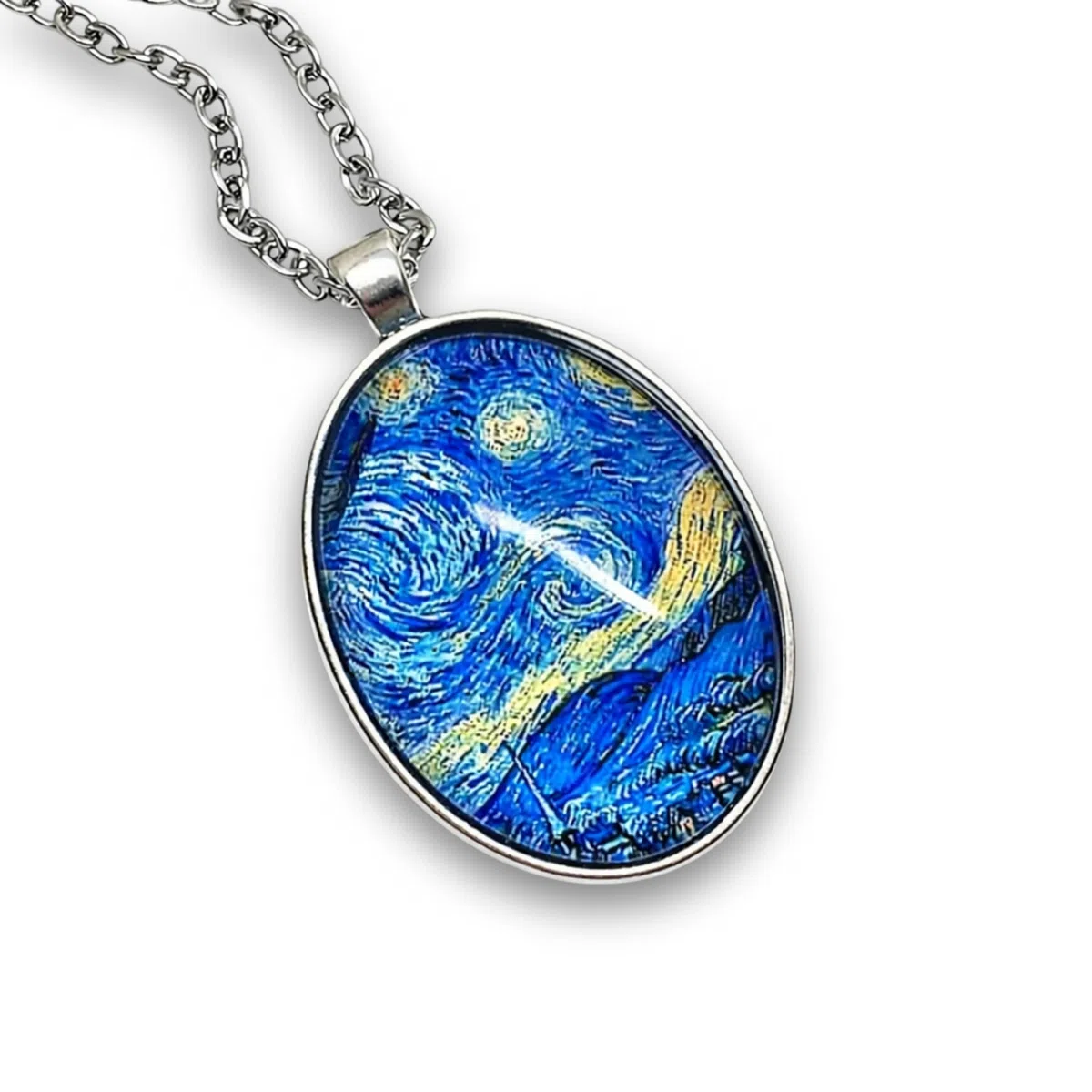 Collana con cabochon in vetro, collana illustrata in argento, set « Notte stellata », Van Gogh, pittura, pittore, blu, nero (ref.15a)