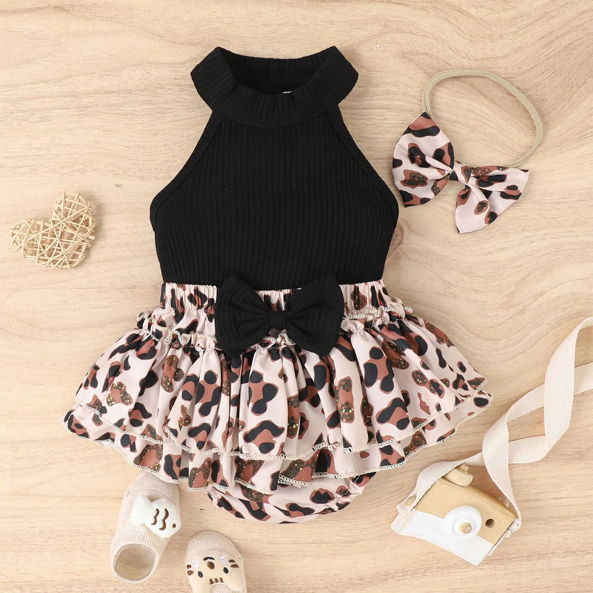 Abbigliamento Neonate, Top Senza Maniche + Pantaloncini con Stampa Leopardata e Orlo Arricciato + Fascia Capelli, Tutina Neonato Vestiti Estivi Bambina, Nero 3-24 Mesi