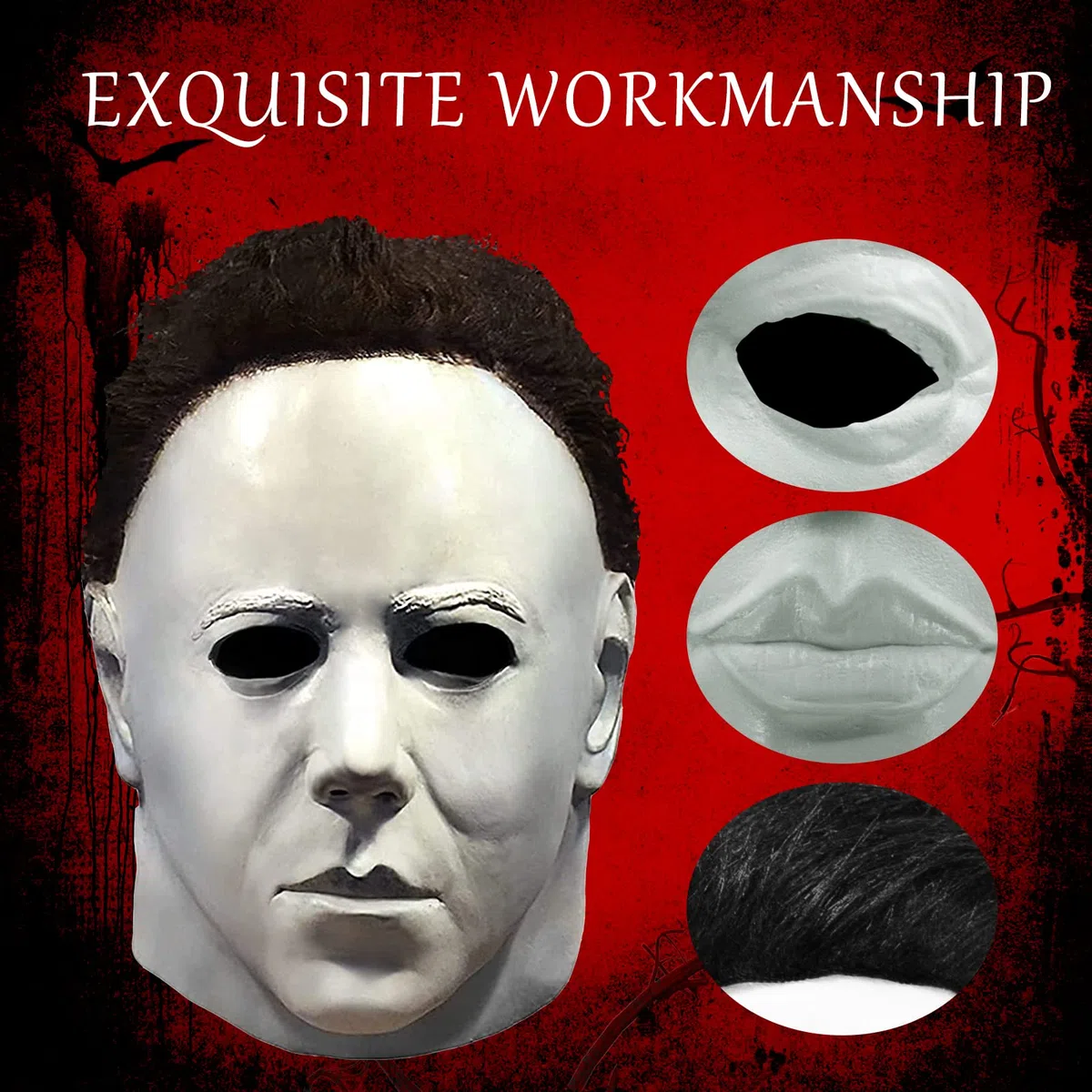 Masque Michael Myers pour adultes, Masque d'Halloween Original Michael Myers Face - 1978, Horror White Face Headgear Latex Rubber with Hair