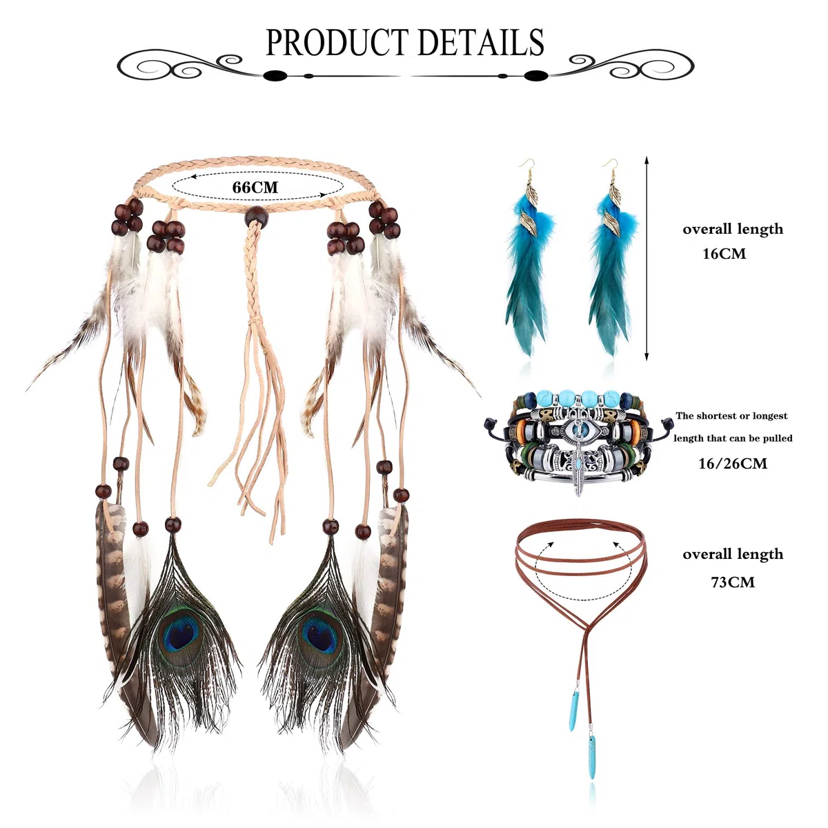 LOLIAS 4 Pezzi Copricapo Boho Indiano Set Collana Pelle Orecchini Piume per Donna Braccialetto Fatto Mano Vintage Hippie Tribale Festa Tema Carnevale Gioielli