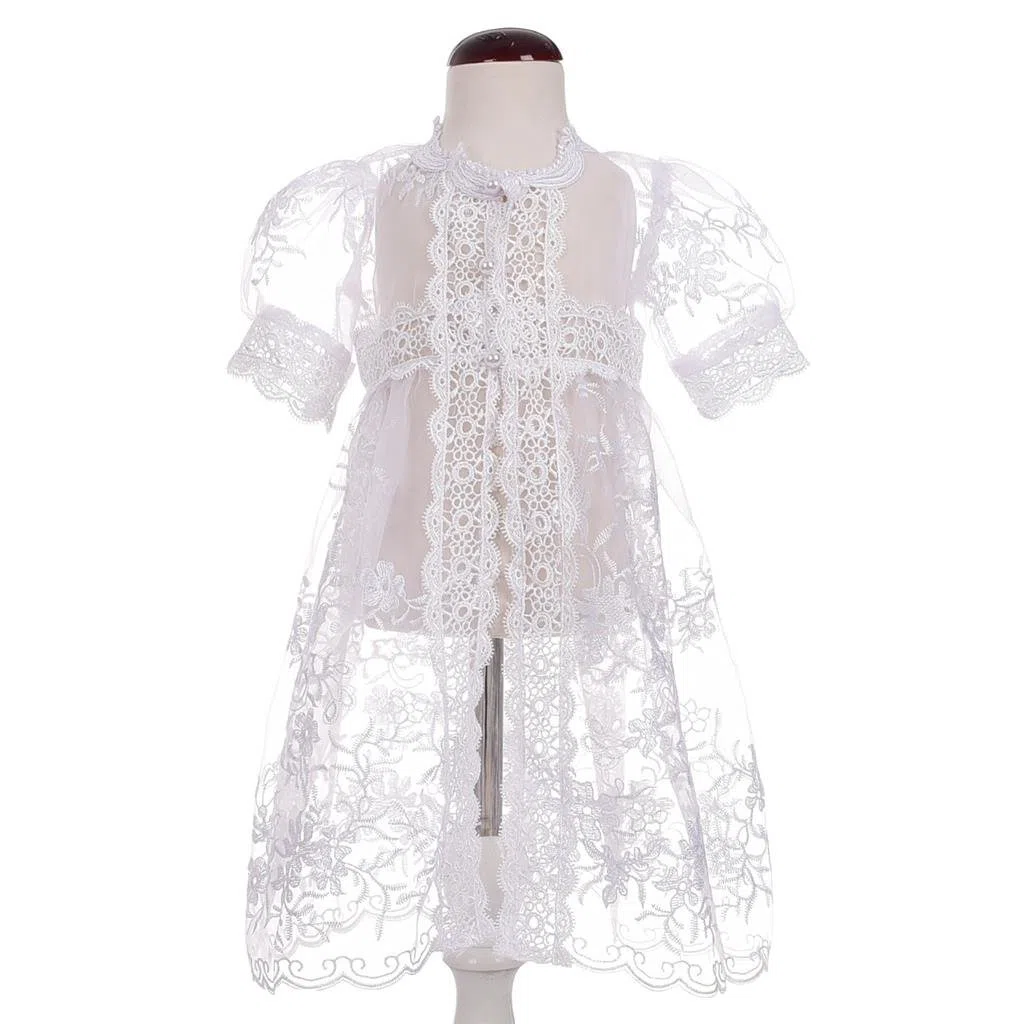 Lito Angels - Abito da Battesimo con Pizzo e Strass, Vestito Bianco con Mantella e Cappello per Bimba