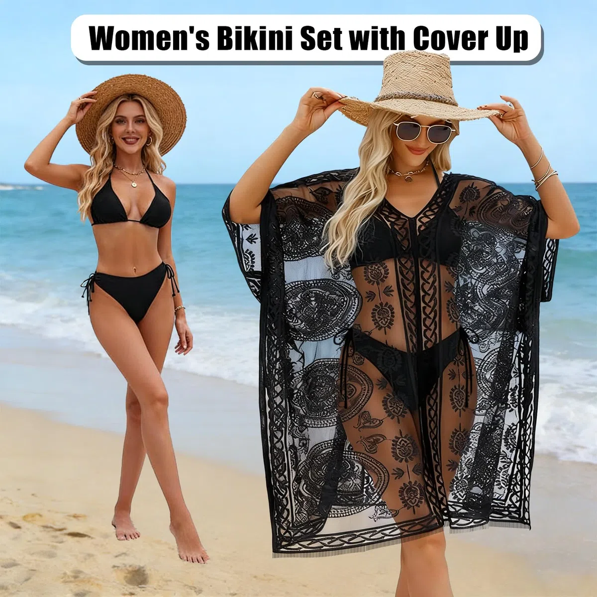 Bikini E Copricostume da Donna Mare, Bikini Donna Mare, Costume Donna Due Pezzi, Bikini Sexy con Lacci E Lungo Copricostume in Pizzo per La Spiaggia