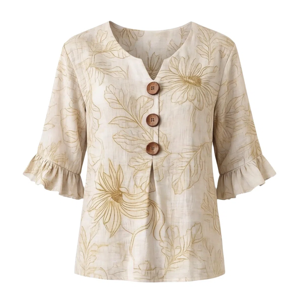 Camicia Donna Lino Manica 3/4 Camicetta Estiva con Volanti Fiori Fantasia Elegante Curvy Blusa Scollo a V con Bottoni Casual Leggero Comode Maglietta Tops Moda Taglie Forti T Shirt Classico Maglia Tee