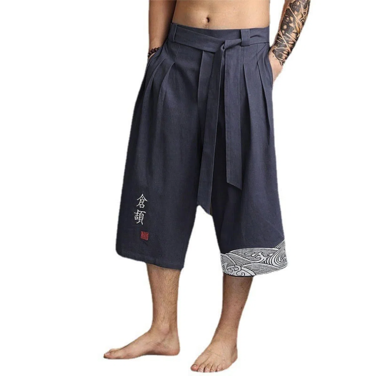 Kirakuco Pantaloni Giapponesi Uomo 3/4 Estivi Cotone Lino Baggy Yoko Pantalone Giapponese Larghi Taglie Forti Japan Casual Stile Leggeri Uomini Kimono Pantalones Elasticizzati S-5XL