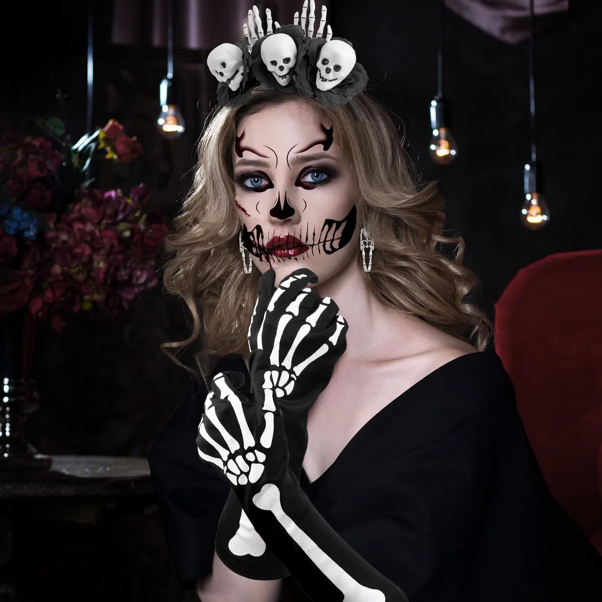 HOWAF Costumi Halloween Donna, Cerchietto Giorno dei Morti, Tatuaggi Viso, Guanti da Scheletro, Orecchini per Dia De Los Muertos