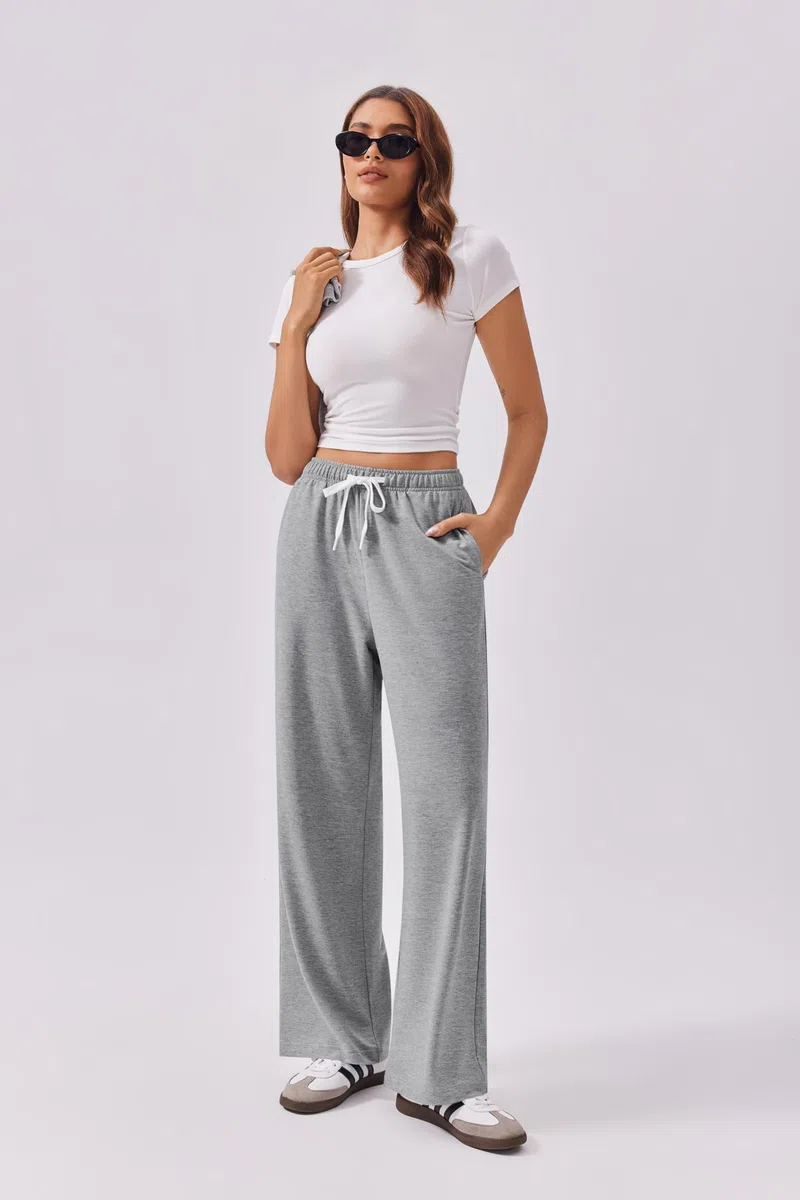 PINSPARK Pantaloni da Jogging a Gamba Larga da Donna Pantaloni da Jogging Larghi a Vita Alta Pantaloni Sportivi Casual con Coulisse e Tasche