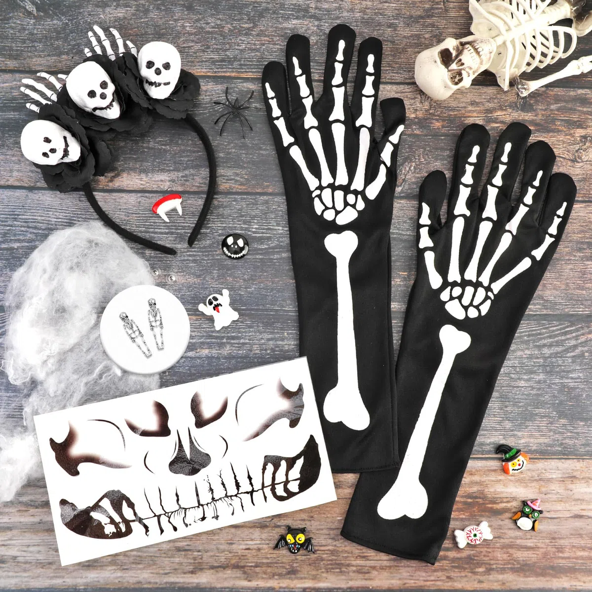 HOWAF Costumi Halloween Donna, Cerchietto Giorno dei Morti, Tatuaggi Viso, Guanti da Scheletro, Orecchini per Dia De Los Muertos