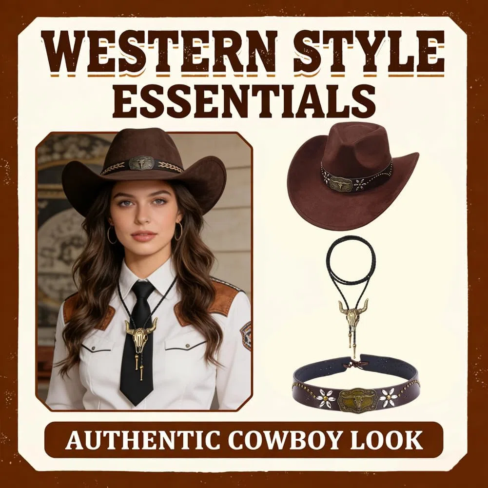 Set Completo Cappello da Cowboy con Collana e Fascia a Teschio di Toro per Costumi Adulti, Feste a Tema, Carnevale, Halloween