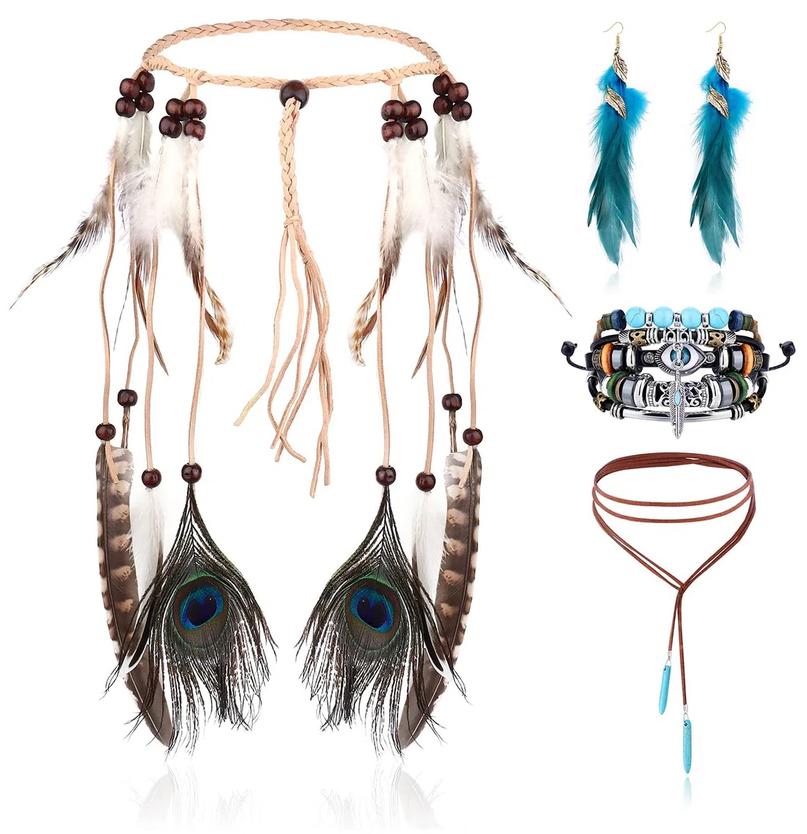 LOLIAS 4 Pezzi Copricapo Boho Indiano Set Collana Pelle Orecchini Piume per Donna Braccialetto Fatto Mano Vintage Hippie Tribale Festa Tema Carnevale Gioielli