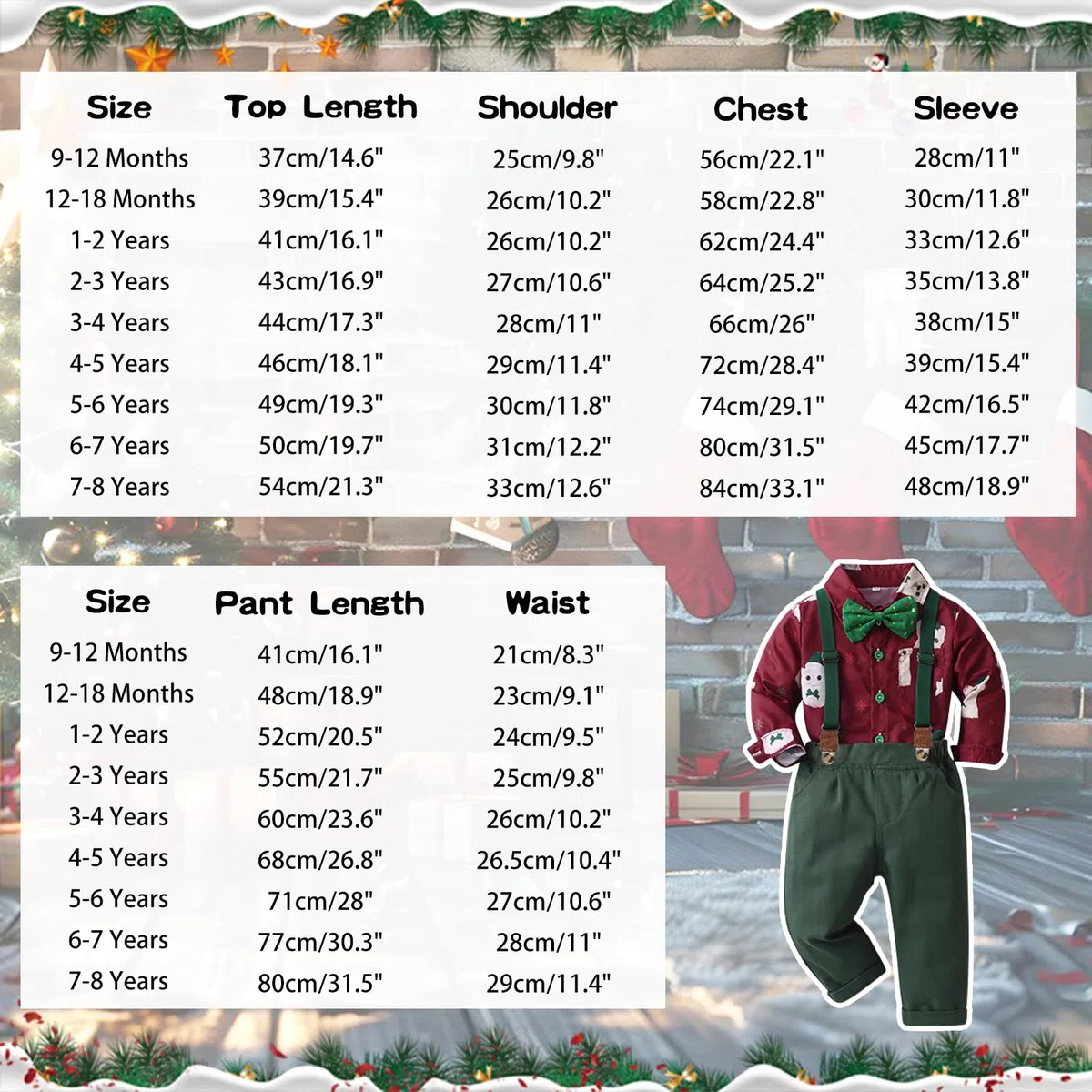 Set Bambino Ragazzo Camicia di Natale Costume da Gentiluomo Abbigliamento Bambini Camicia a Maniche Lunghe e Pantaloni con Spalline Fiocco a Farfalla