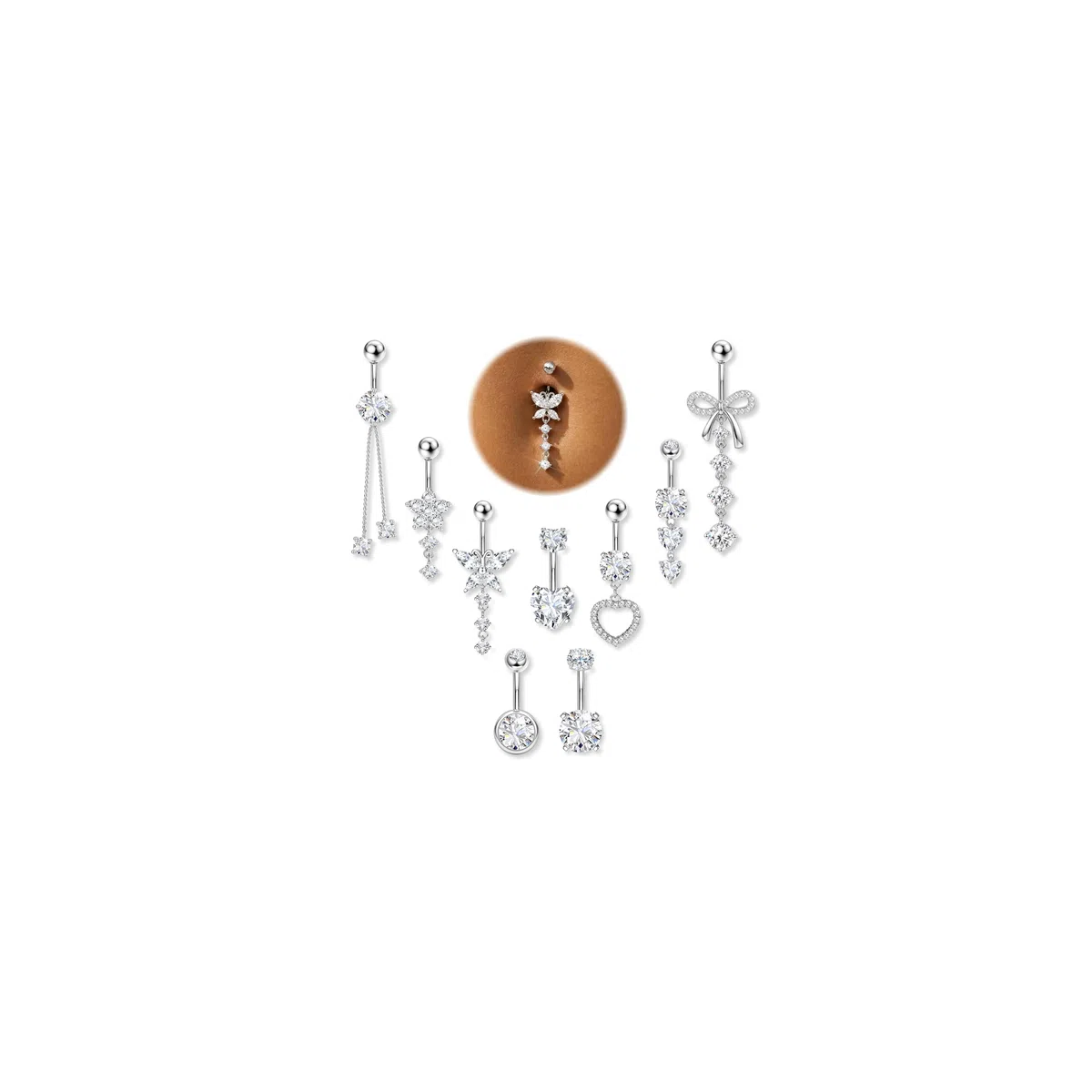 Finrezio 9 Pz Piercing Ombelico Acciaio Chirurgico Set 14G Ombelico Piercing Argento Oro per Donna Piercing Ombelico Pendente Fiore Farfalla Ombelico Belly Dangly Ombelico Navel Piercing Gioielli