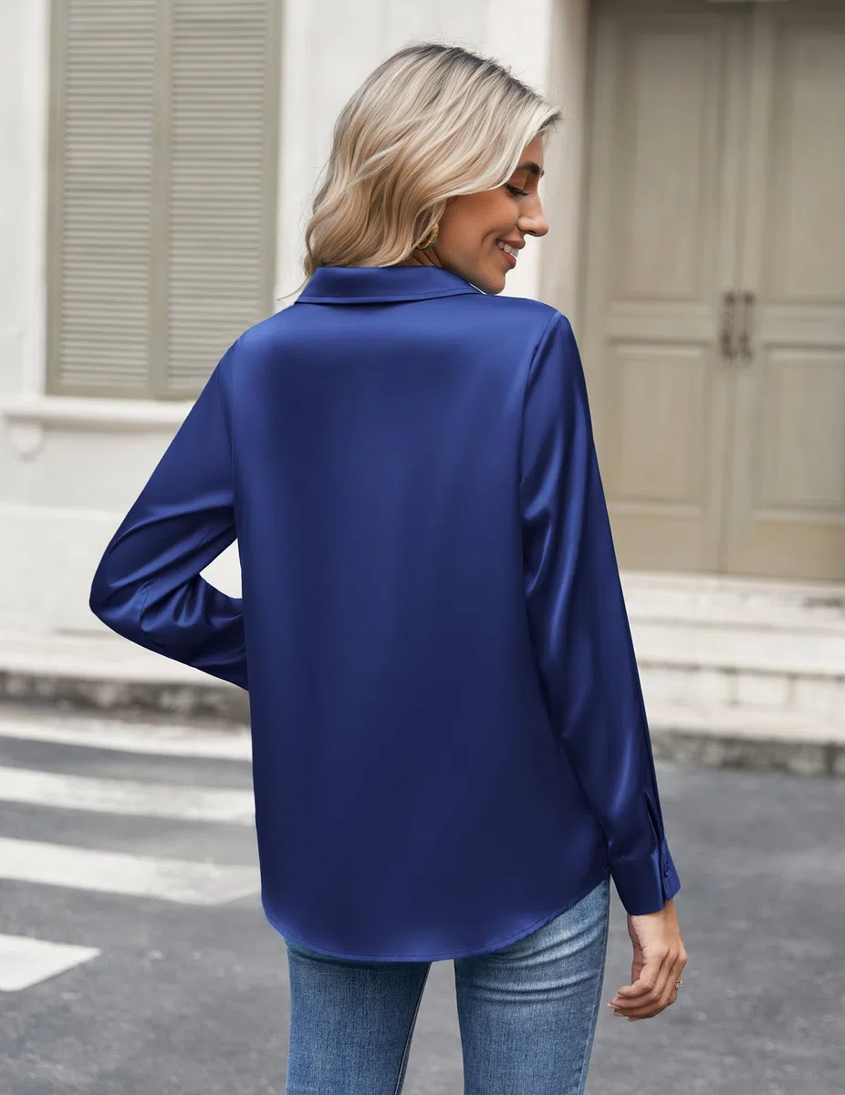 Zeagoo Camicia da donna in raso, a maniche lunghe, elegante, con scollo a V, in seta, a maniche lunghe, tinta unita