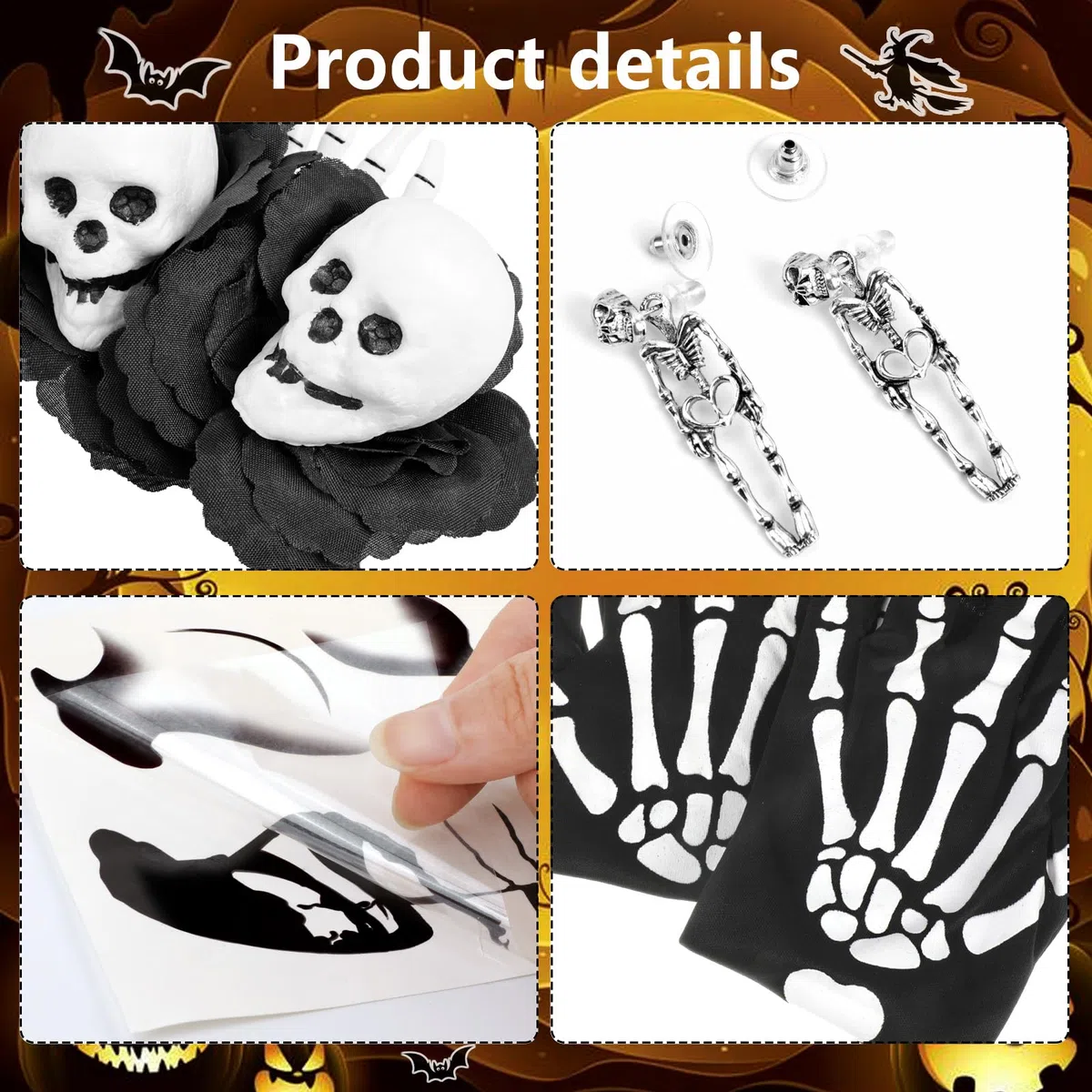 HOWAF Costumi Halloween Donna, Cerchietto Giorno dei Morti, Tatuaggi Viso, Guanti da Scheletro, Orecchini per Dia De Los Muertos