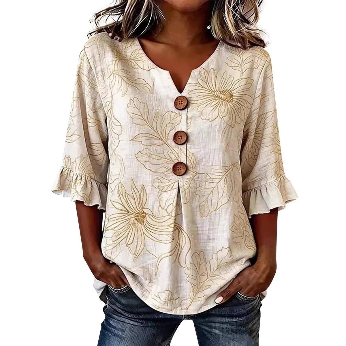 Camicia Donna Lino Manica 3/4 Camicetta Estiva con Volanti Fiori Fantasia Elegante Curvy Blusa Scollo a V con Bottoni Casual Leggero Comode Maglietta Tops Moda Taglie Forti T Shirt Classico Maglia Tee