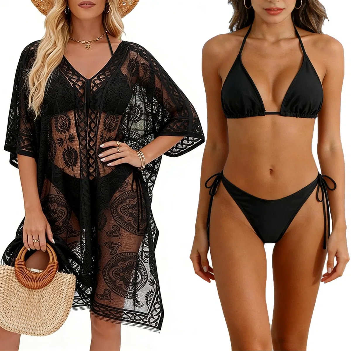 Bikini E Copricostume da Donna Mare, Bikini Donna Mare, Costume Donna Due Pezzi, Bikini Sexy con Lacci E Lungo Copricostume in Pizzo per La Spiaggia
