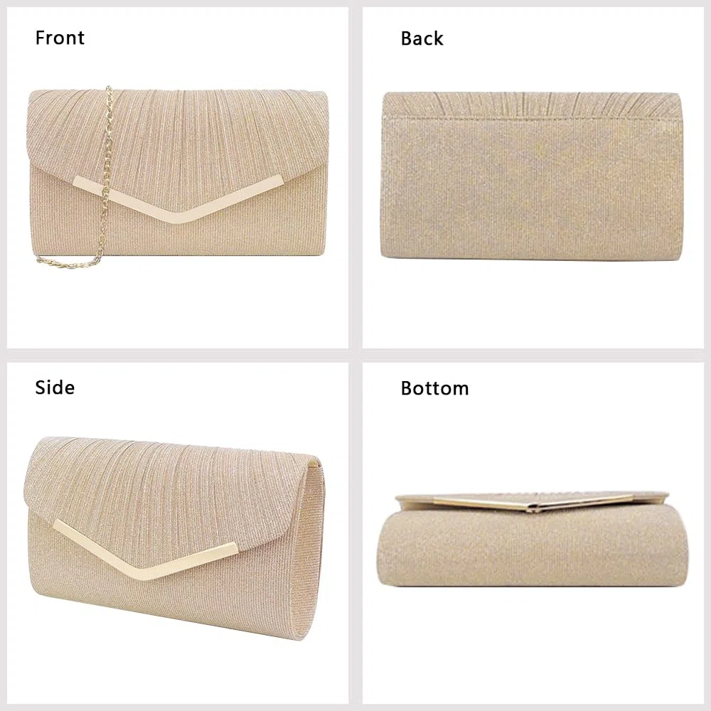 Pochette Donna Elegante Brillantinata Borsa da Sera Classica Moda Clutch con Catena Staccabile per Eventi Festa Matrimonio(Champagne)