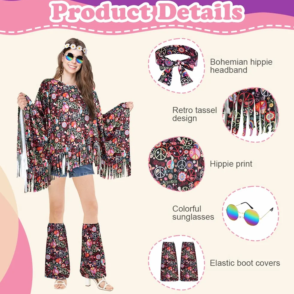 AOOWU Costume Hippie Donna, 10 Pezzi Stile Vintage Anni 60 Anni 70 Hippie Accessori, con Occhiali Fascia per Capelli Anni con Copristivali, Costume Carnevale Halloween