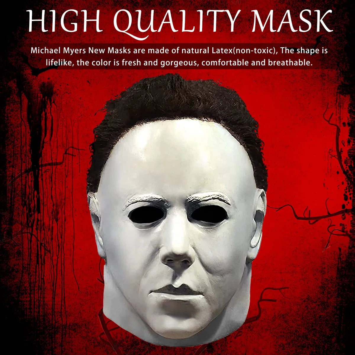 Masque Michael Myers pour adultes, Masque d'Halloween Original Michael Myers Face - 1978, Horror White Face Headgear Latex Rubber with Hair