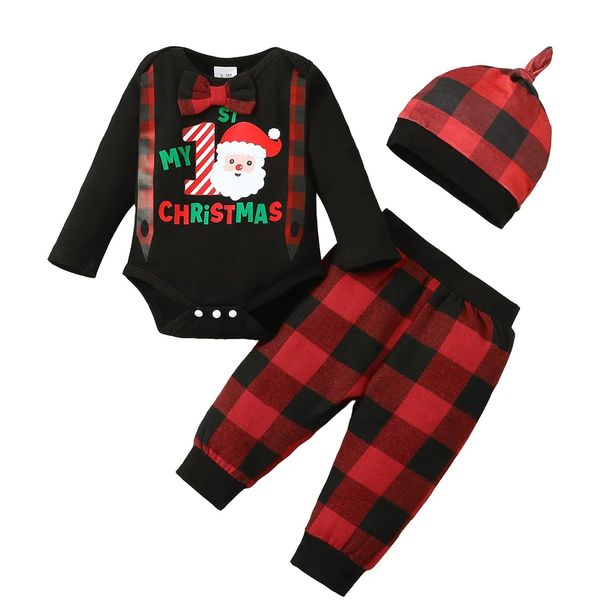 Vestiti Set Neonato Bambino Maschio My 1st Christmas Pagliaccetto + Pantaloni Scozzesi Rossi con Cappello 3 Pezzi Set di Vestiti Natalizi