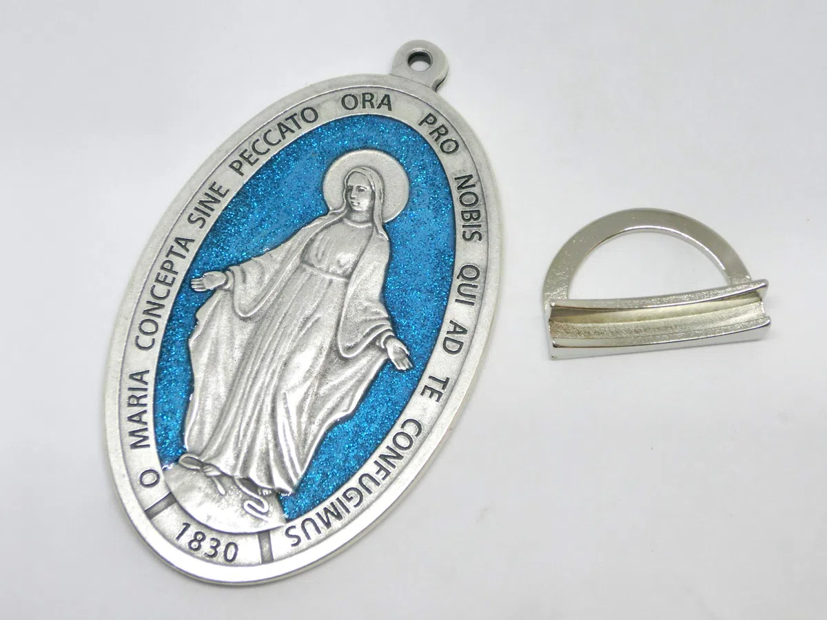 GTBITALY 60.879.31 GLILATSU MEDAGLIA Madre Maria MIRACOLOSA con Base E Scritta in Latino Argento con Brillantini Glitter Blu 11,5 CM