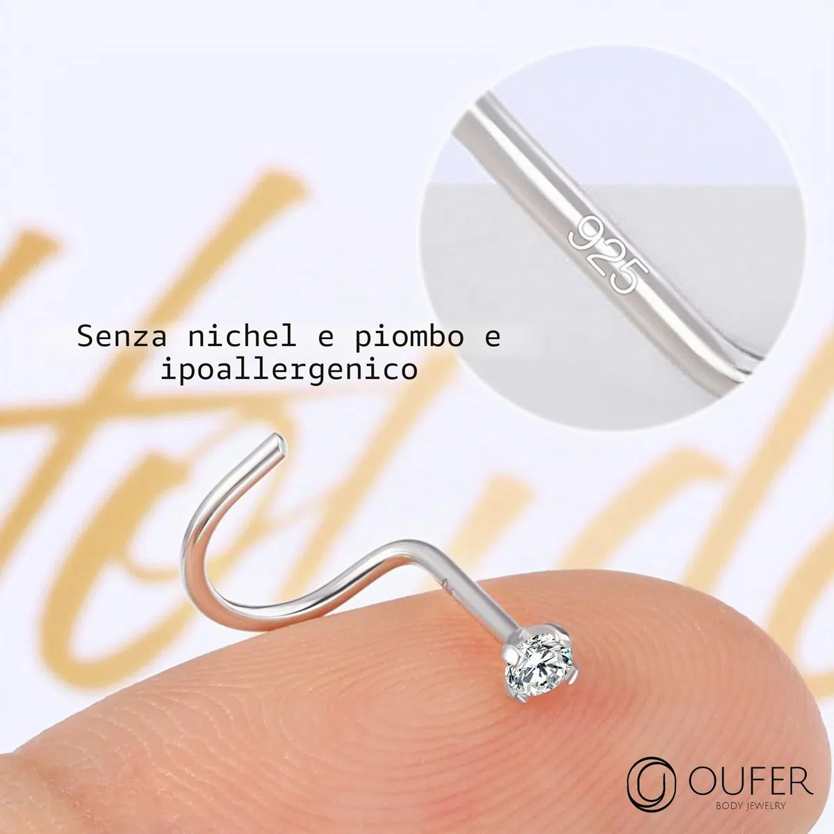 OUFER 20G 0.8mm Piercing Naso Anello Argento 925 Silver L Form Nose Ring Studs Nostril Earring Solid 2mm CZ Cartilagine Orecchino Helix Gioielli Donna