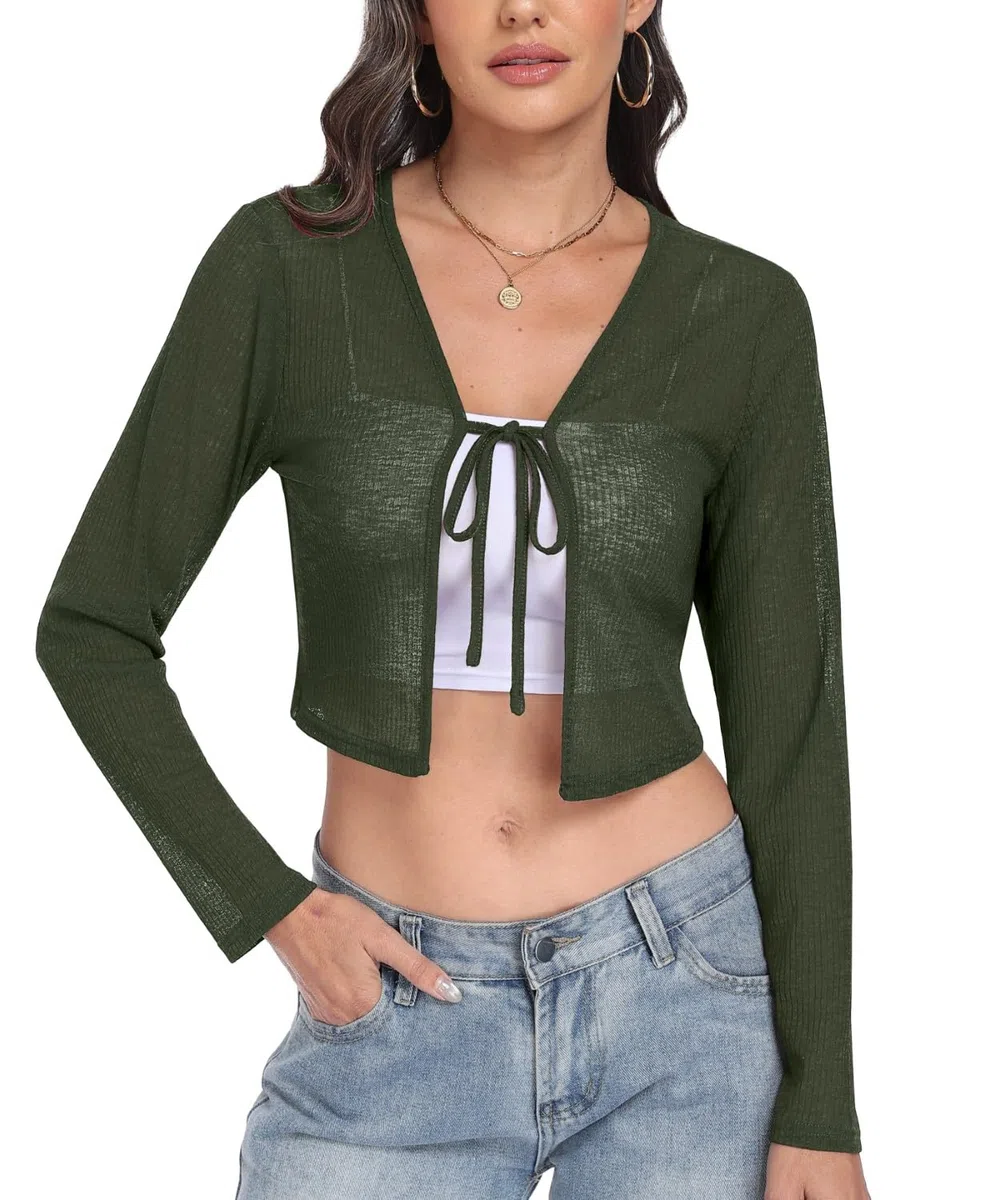 PrinStory Coprispalle per le donne casual leggero cravatta anteriore coprispalle manica lunga cardigan estivo morbido crop top