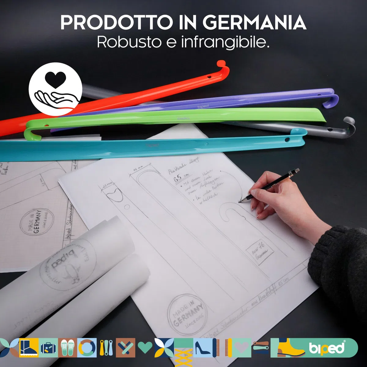 biped set da 3 calzascarpe lunghi 65 cm in plastica – calzascarpe extra lungo con gancio – resistente e stabile – produzione tedesca z1557