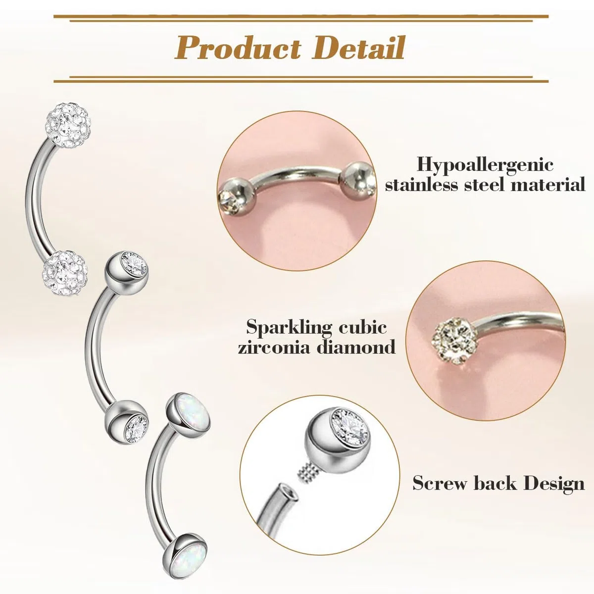 3 Pezzi Piercing Ombelico in Acciaio Inossidabile da 10 mm, Barbell Ventre Anello in Chirurgico con Zirconi Scintillanti, Piercing Gioielli for Donna Uomo, Argento/Oro
