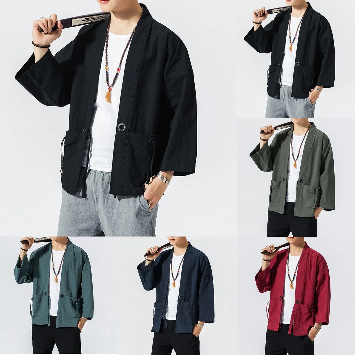 Generico Kimono cardigan giacca da uomo stile giapponese gru volante sette maniche cappotto aperto davanti