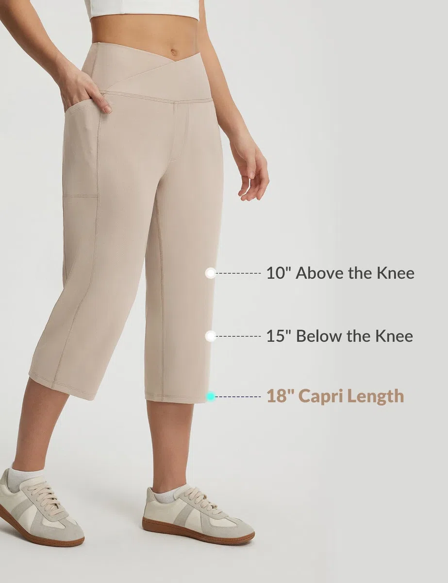 baleaf Pantaloni Capri da donna con tasche, 45,7 cm, pantaloni da yoga con incrocio a V, cintura incrociata, leggings estivi a gamba dritta
