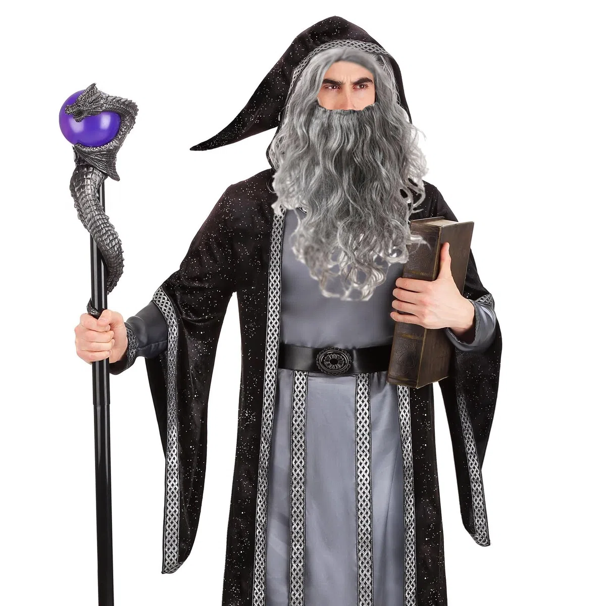 Parrucca da stregone grigia e barba lunga per Halloween e Carnaval parrucca maga grigio scuro set barba maghi