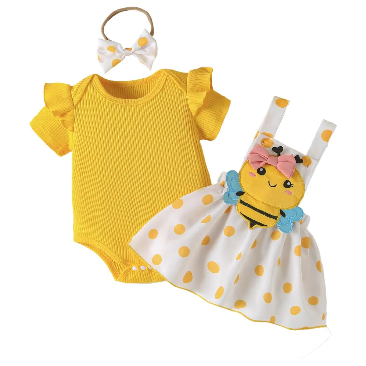 Set di Gonne Estive per Neonata Volant Manica Corta Top +Stampa Floreale/Orso Bretelle Abito+ Fascia per Capelli 3Pcs Vestiti Completino